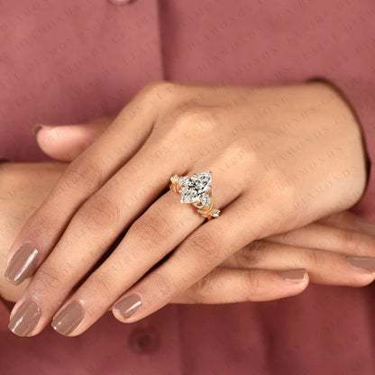 Marquise Cut Lab Grown Diamond Engagement Ring With Round Side Stone Diamonds, Vintage Rings Art Deco Vintage Gold Ring Nature Inspired Promise Ring Anniversary Gift for Her.