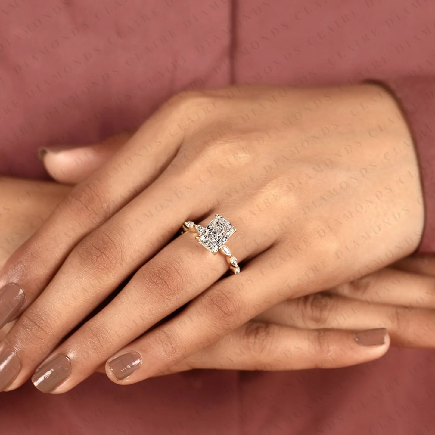 radiant cut lab grown diamond hidden halo engagement ring in yellow gold marquise accent band