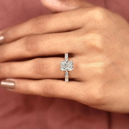 Radiant Cut Moissanite Diamond Engagement Ring with Round and Baguette Side Stone Accents