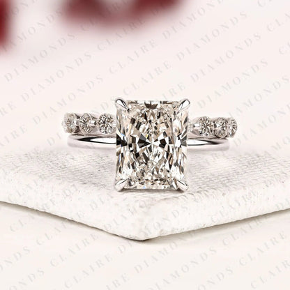Radiant Cut Lab Grown Diamond Engagement Ring with White Gold Pavé Band | Elongated Radiant Center Stone Modern Classic Bridal Ring Set