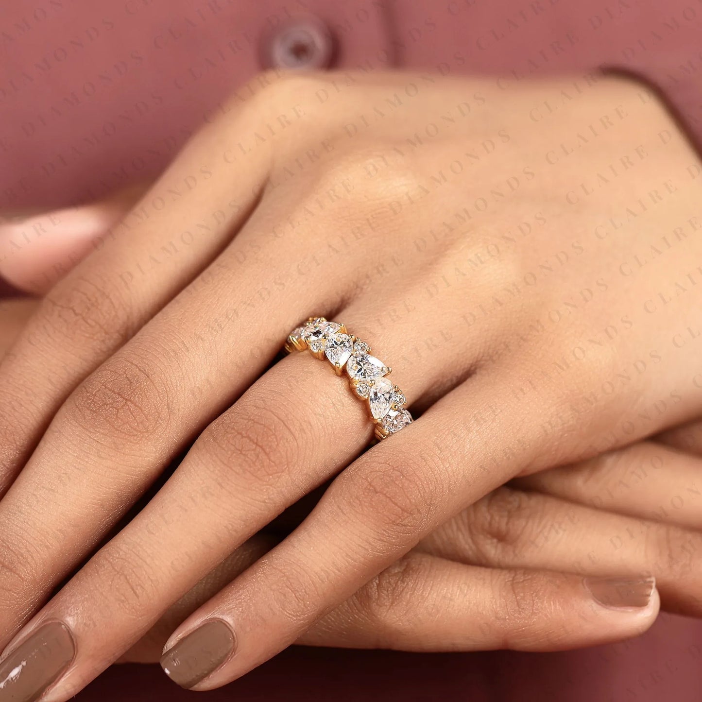 4.00 tcw pear & round cut lab grown diamond wedding floral cluster eternity band vintage inspired bridal jewelry