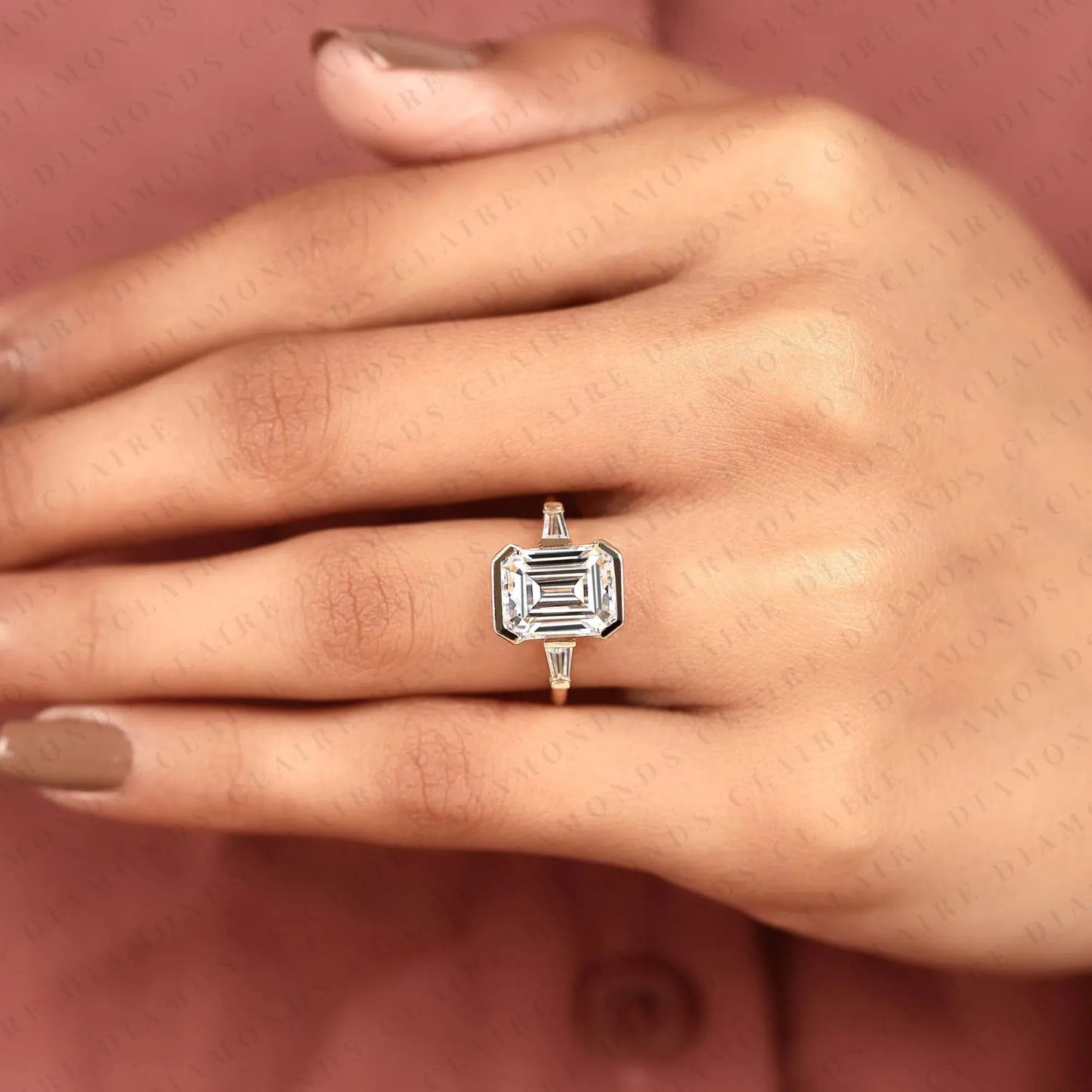 emerald cut lab grown diamond past, present & future gold ring ,half bezel & three tone engagement ring with tapered baguette side diamonds ring.