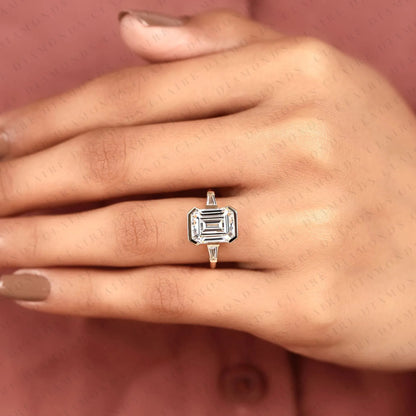 Emerald Cut Lab Grown Diamond Past, Present & Future Gold Ring ,Half Bezel & Three tone Engagement Ring With Tapered Baguette Side Diamonds Ring.