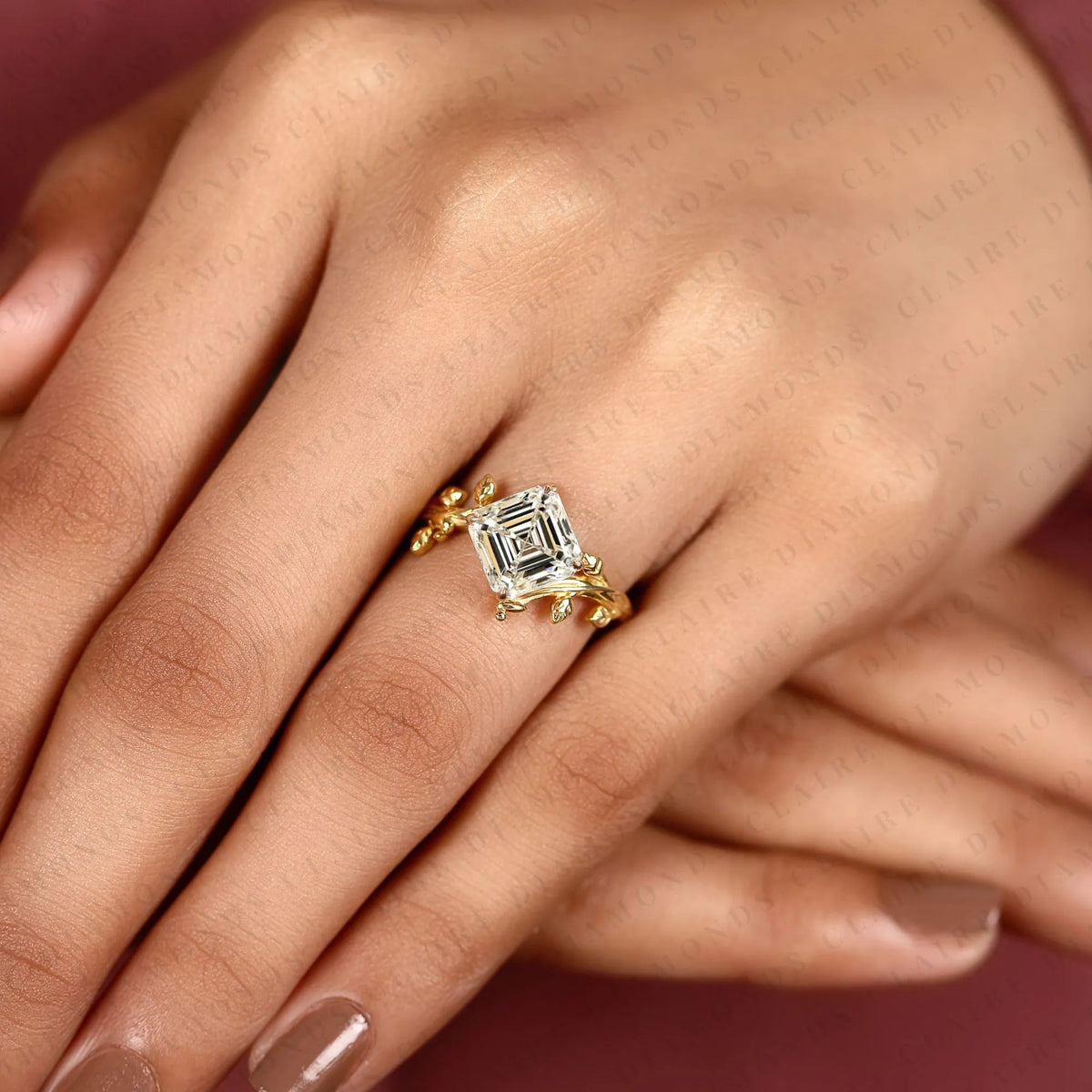 asscher cut lab grown diamond ring vintage floral leaf gold engagement ring art deco inspired geometric diamond ring for women