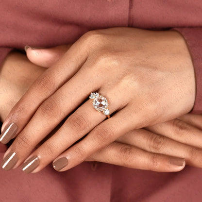 Round Rose Cut Lab Grown Diamond Ring, Unique Engagement Ring With Round & Marquise Side Stones, Floral Cluster Gold Ring