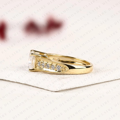 East-West Radiant Cut Lab Grown Diamond Engagement Ring Pavé Band Modern Horizontal Setting Elegant Bridal Jewelry