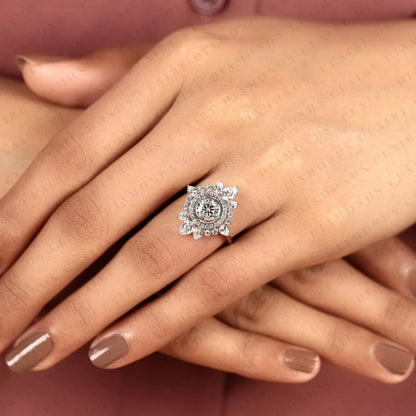 Round Cut Lab Grown Diamond Halo Engagement Ring Floral Sunburst Design with Pear Diamond Accents in Gold