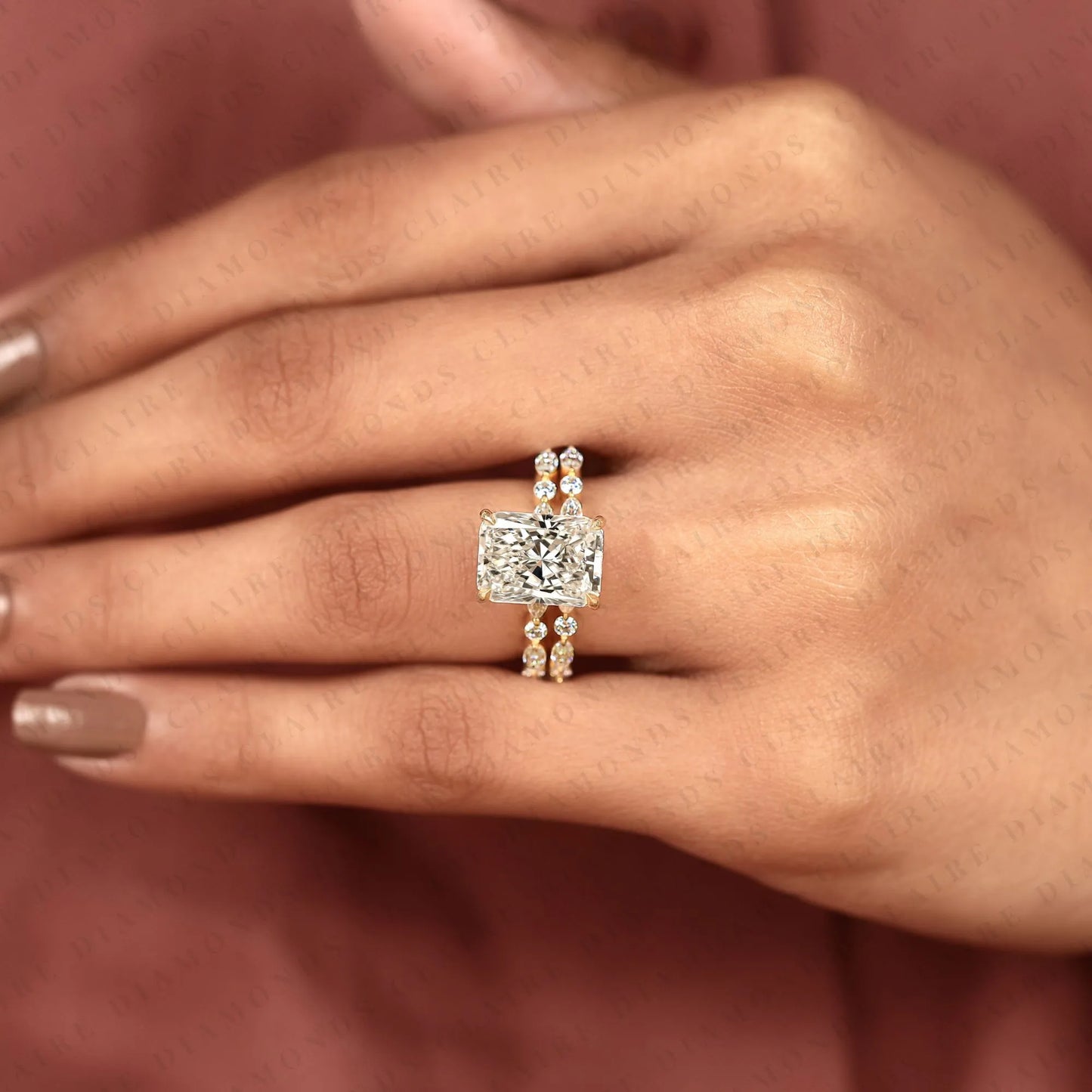 designer radiant cut moissanite bridal ring set with marquise and round diamond accents