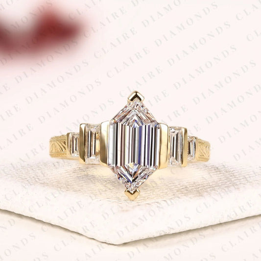 Hexagon Cut Moissanite Diamond Engagement Ring Art Deco Step Cut Ring Vintage Engraved Gold Ring Baguette Side Stone Bridal Ring.