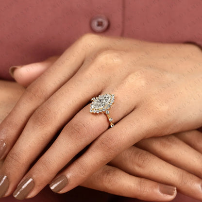 Marquise Cut Lab Grown Diamond Engagement Ring Floral Halo Ring Inspired Unique Statement Ring