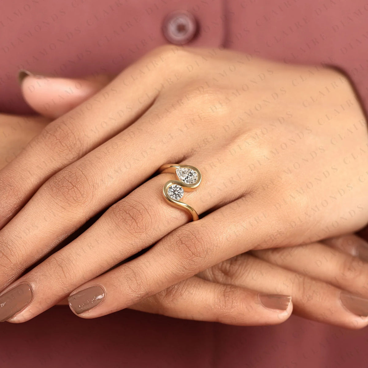 1.10 tcw round and pear lab grown diamond toi et moi ring unique double stone engagement ring elegant statement jewelry