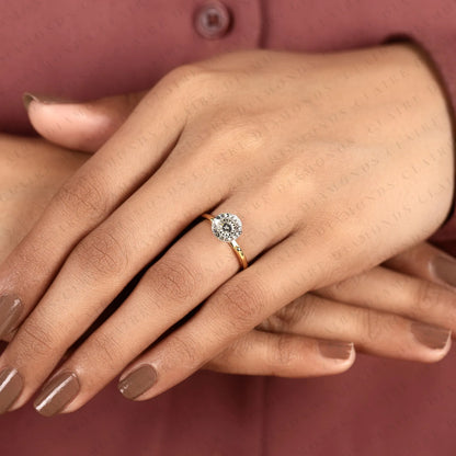 Portuguese Round Cut Lab Grown Diamond Engagement Ring, Solitaire Gold Ring, Unique Bridal Wedding Ring for Women