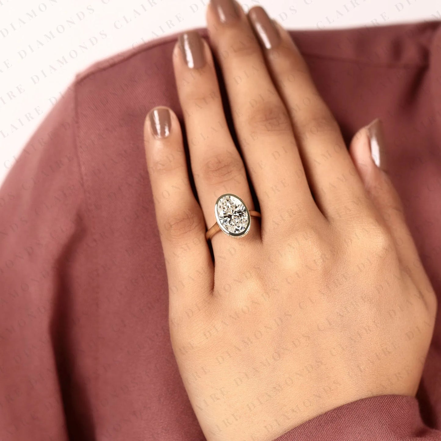 oval lab grown diamond bezel set engagement ring, solitaire gold wedding ring, hidden halo ring, minimalist anniversary ring