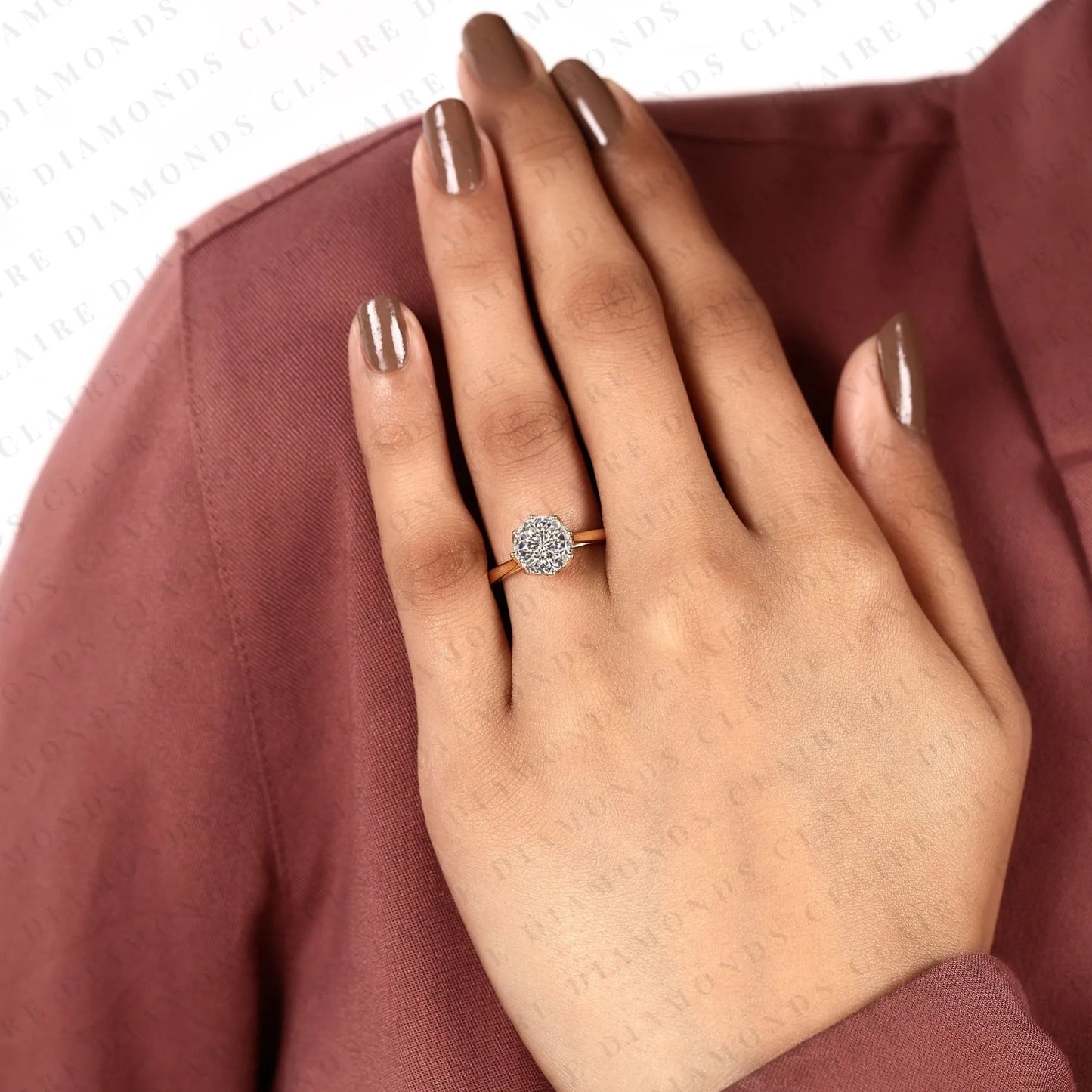 round portuguese cut lab grown diamond engagement ring, yellow gold cathedral ring, luxury anniversary gift for women