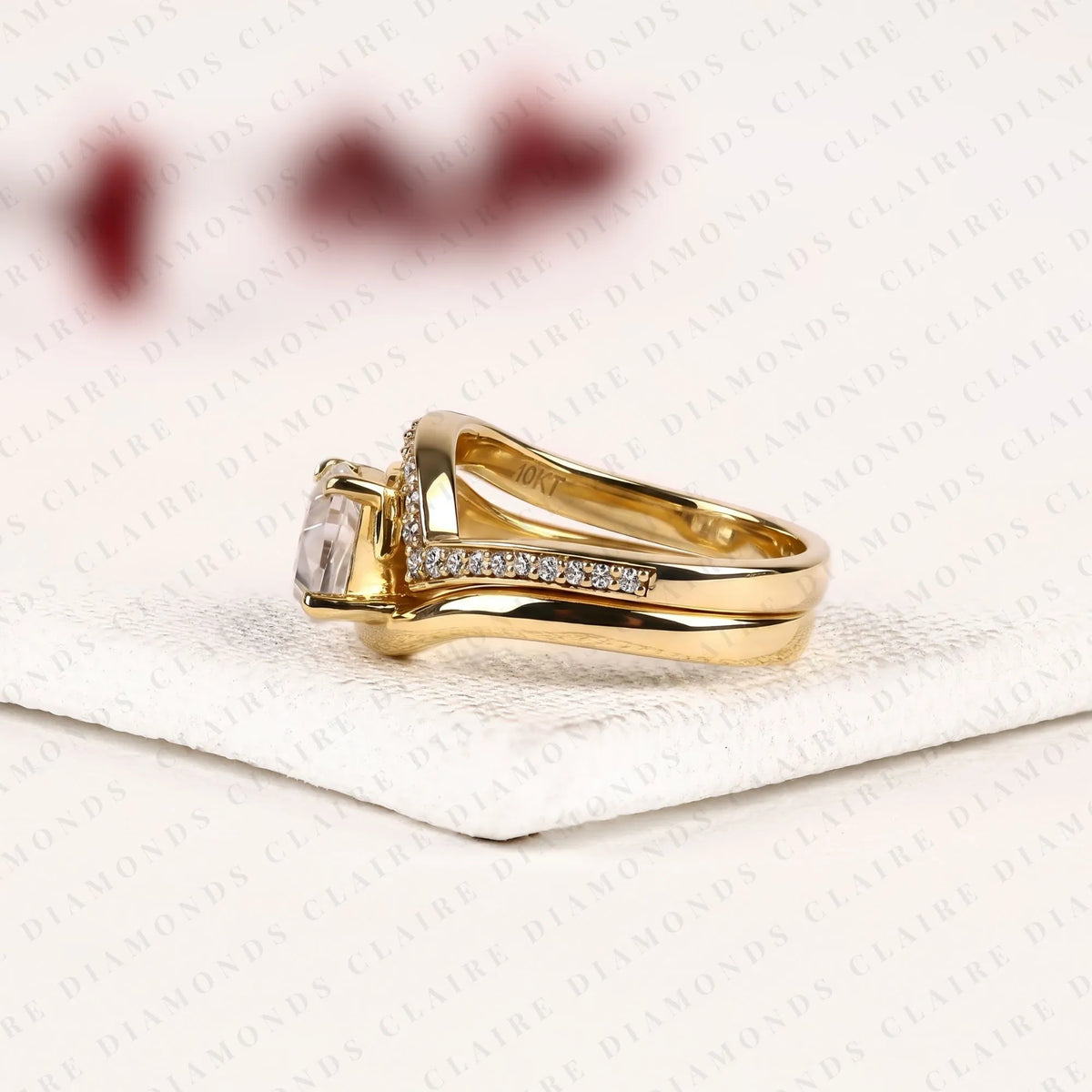 east-west hexagon cut lab grown diamond engagement ring | yellow gold bypass pavé band | geometric modern bridal ring set | unique statement jewelry