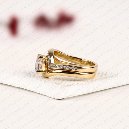 East-West Hexagon Cut Lab Grown Diamond Engagement Ring | Yellow Gold Bypass Pavé Band | Geometric Modern Bridal Ring Set | Unique Statement Jewelry