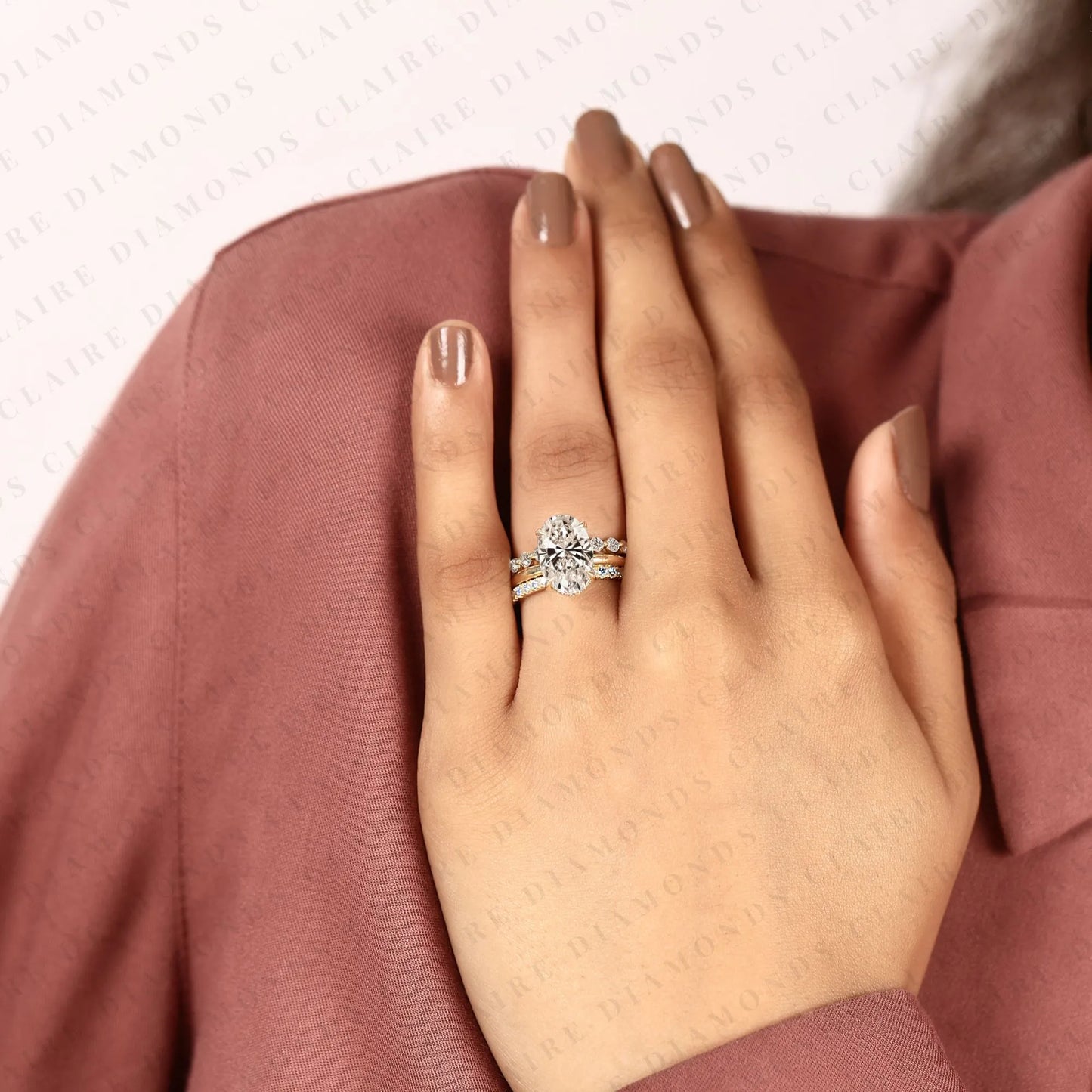 oval lab grown diamond engagement ring set with diamond eternity & bubble band in yellow gold