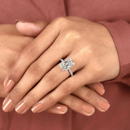 Radiant Cut Hidden Halo Lab Grown Diamonds Engagement Ring with Pavé Band – Luxurious Brilliance for Your Forever