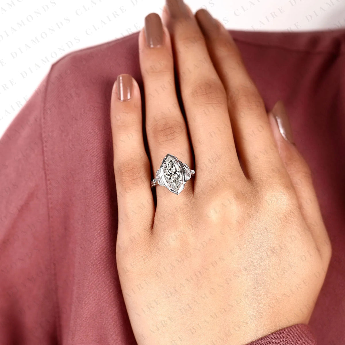 marquise cut lab grown diamond engagement ring | vintage inspired milgrain bezel & engraved white gold ring | floral diamond accent bridal ring