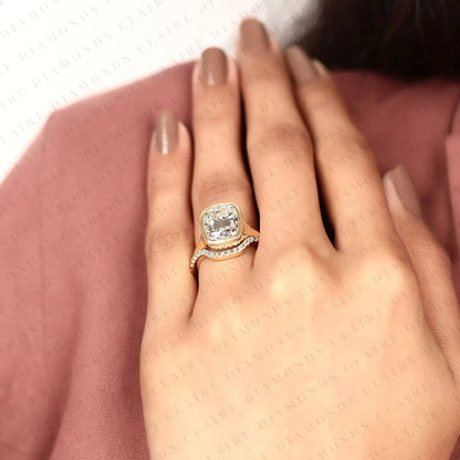 Elongated Cushion Cut Lab Grown Diamond Engagement Ring Old Mine Cut Bezel Set Bridal Ring Wedding Set for Women
