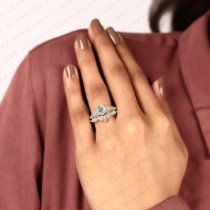 Pear Cut Moissanite Diamond Bridal Ring Set | Nature-Inspired Twisted Leaf Yellow Gold Engagement Ring