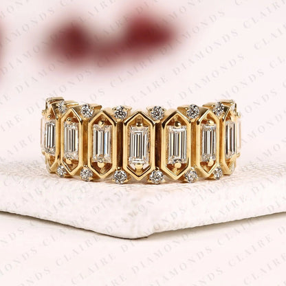 Emerald Cut Lab Grown Diamond Eternity Band | Vintage-Inspired Geometric Gold Wedding Band | Eternity Anniversary Band