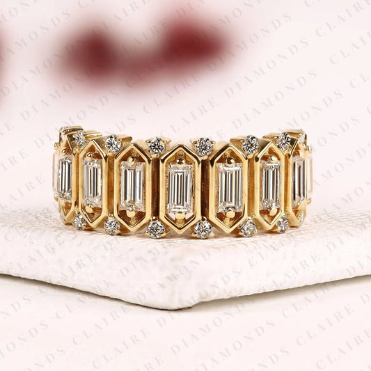 Emerald Cut Lab Grown Diamond Eternity Band | Vintage-Inspired Geometric Gold Wedding Band | Eternity Anniversary Band