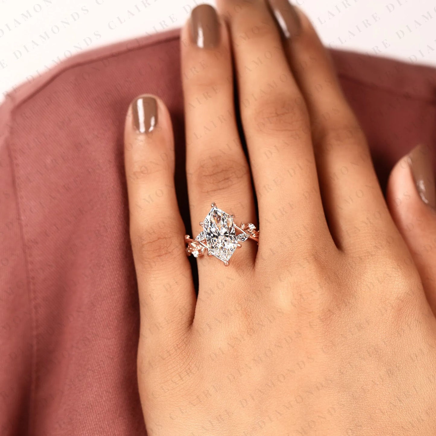 dutch marquise moissanite diamond engagement ring | nature-inspired rose gold curved vine setting