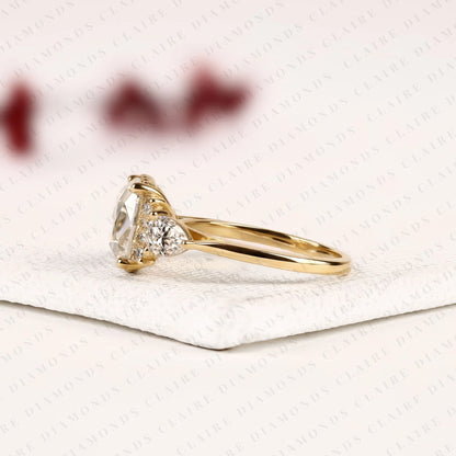 Old Mine Elongated Cushion Cut Moissanite Engagement Ring, Milgrain Bezel Setting, Pear Side Stone Halo, Yellow Gold Vintage Inspired Bridal Ring