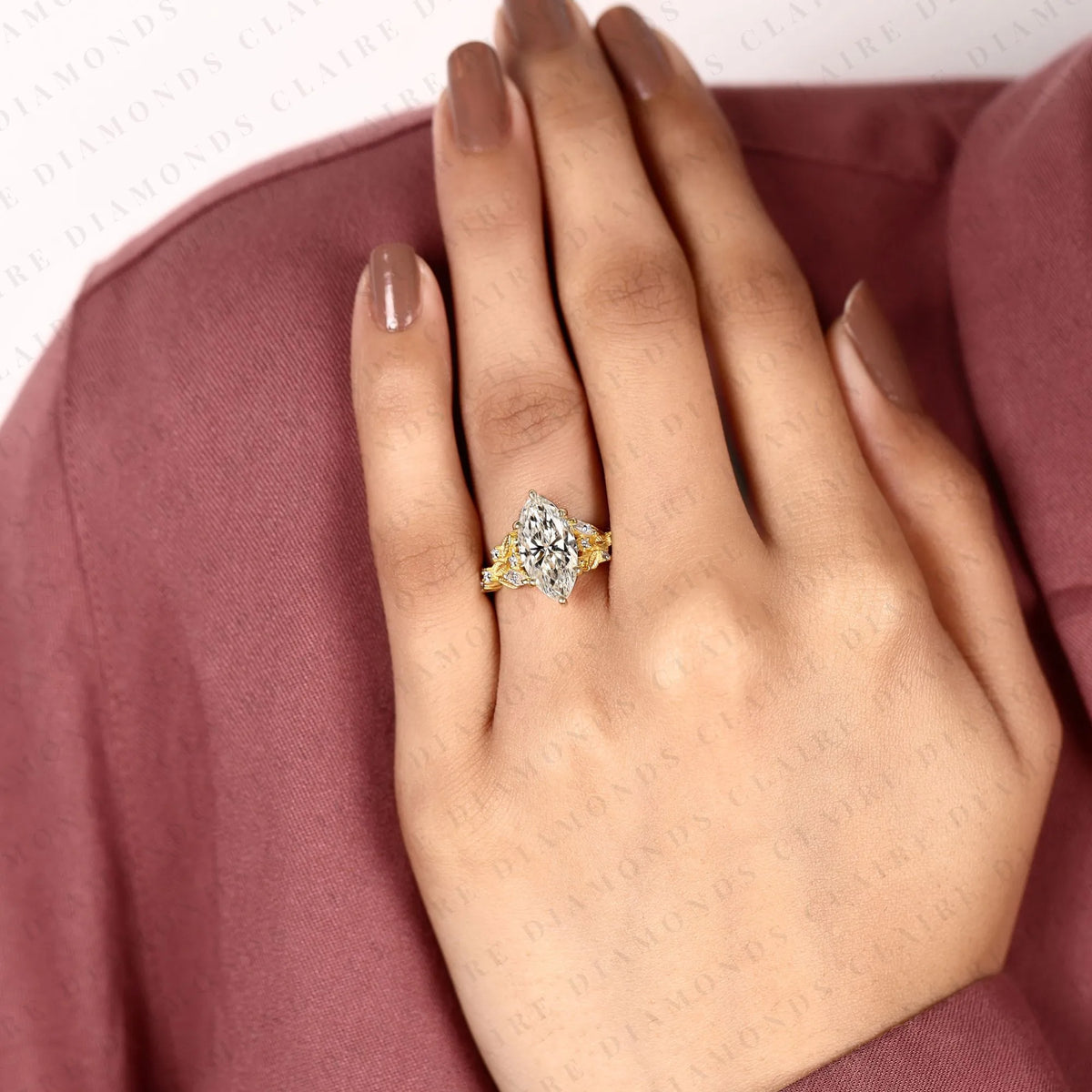 marquise cut lab grown diamond engagement ring, floral leaf vine gold ring, nature inspired bridal ring, unique vintage wedding jewelry