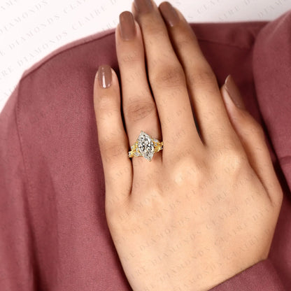 Marquise Cut Lab Grown Diamond Engagement Ring, Floral Leaf Vine Gold Ring, Nature Inspired Bridal Ring, Unique Vintage Wedding Jewelry