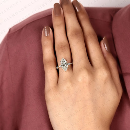 Marquise Cut Lab Grown Diamond Engagement Ring | Floral Inspired Diamond Side Stone Ring | Yellow Gold Bridal Ring | Elegant Nature Inspired Wedding Jewelry