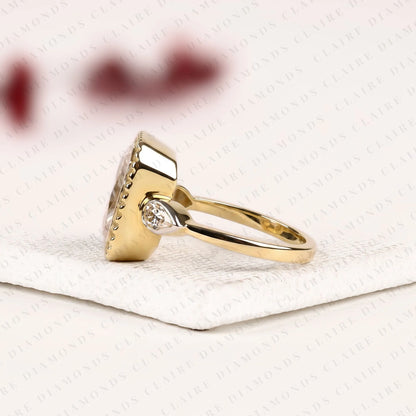Radiant Cut Lab Grown Diamond Three Stone Engagement Ring | Pear Cut Side Stone Gold Ring | Beaded Bezel Statement Bridal Jewelry | Modern Luxury Wedding Ring