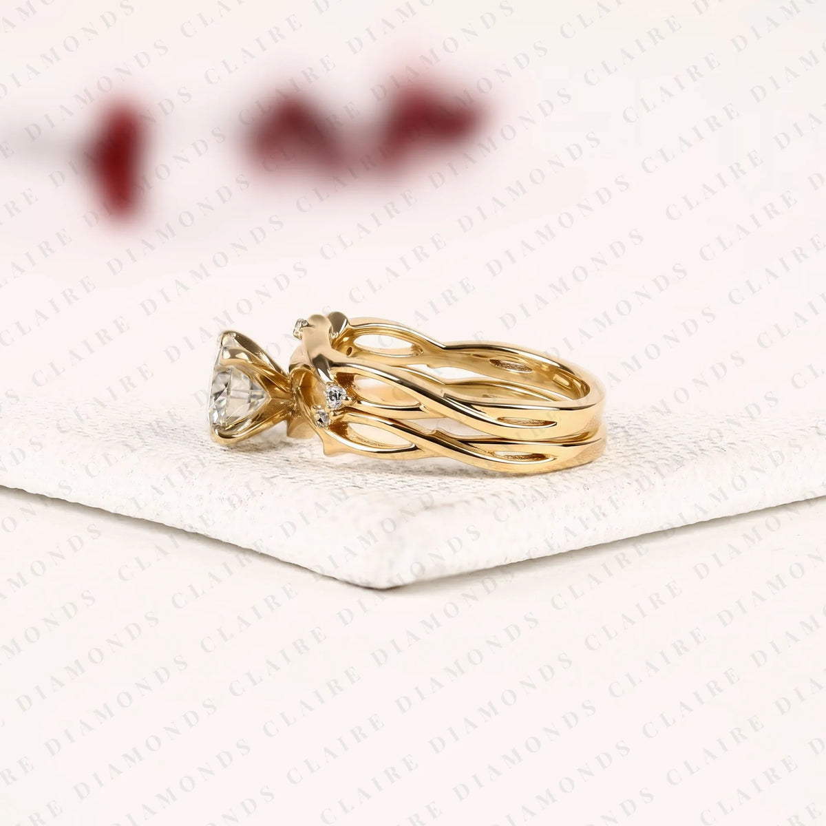 round cut lab grown diamond bridal ring set | yellow gold botanical vine band | nature inspired floral bridal ring | unique modern wedding jewelry