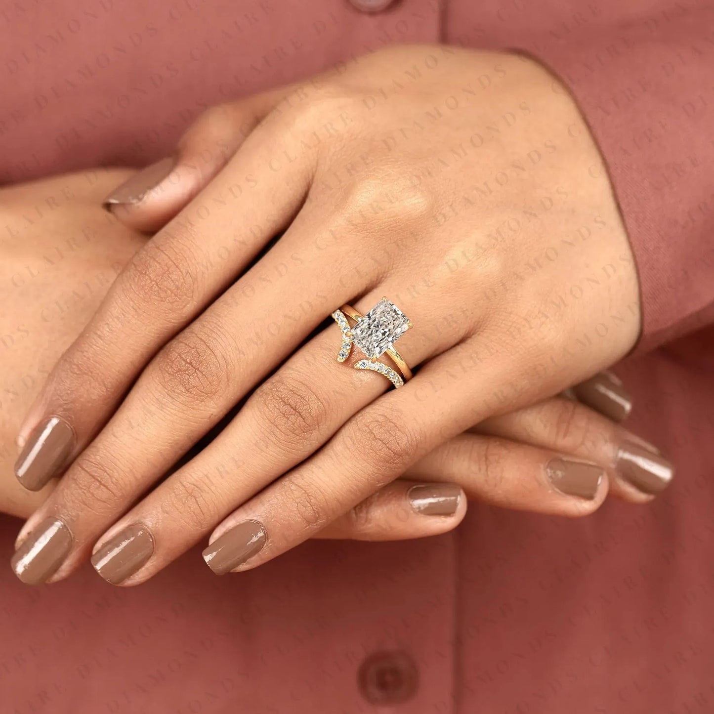 radiant cut moissanite diamond bridal ring set | matching chevron wedding band engagement ring