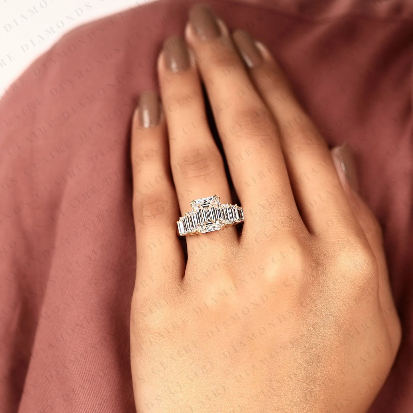 emerald cut lab grown diamond engagement ring in yellow gold |side stone baguette diamond wedding ring | luxury anniversary ring for women