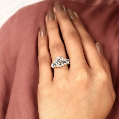 Emerald Cut Lab Grown Diamond Engagement Ring in Yellow Gold |Side Stone Baguette Diamond Wedding Ring | Luxury Anniversary Ring for Women