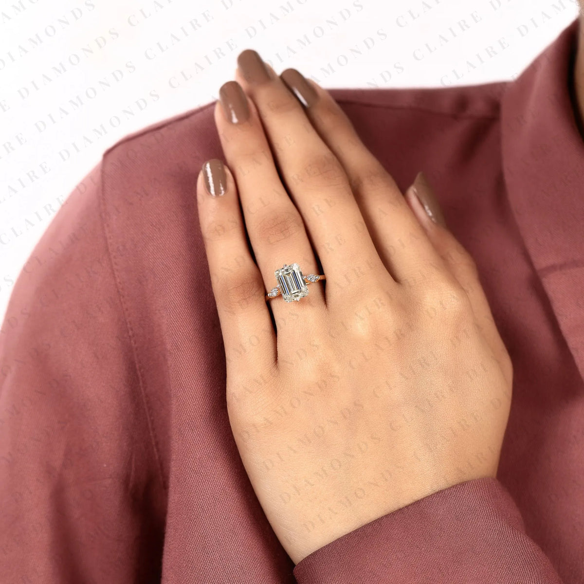 emerald cut lab grown diamond engagement ring, gold solitaire ring with round shaped side accents, modern bridal ring, unique wedding ring