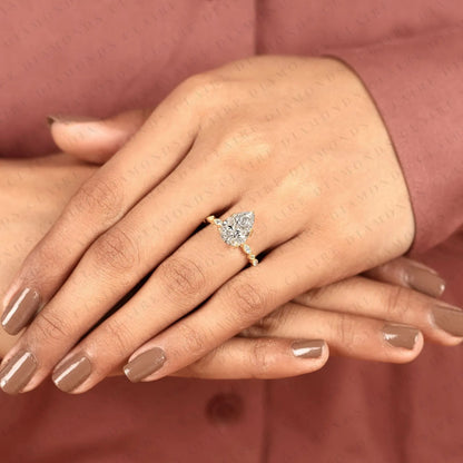 Pear Cut Lab Grown Diamond Engagement Ring Vintage Marquise Accent Diamond Ring Nature Inspired Solitaire Bridal Ring for Women