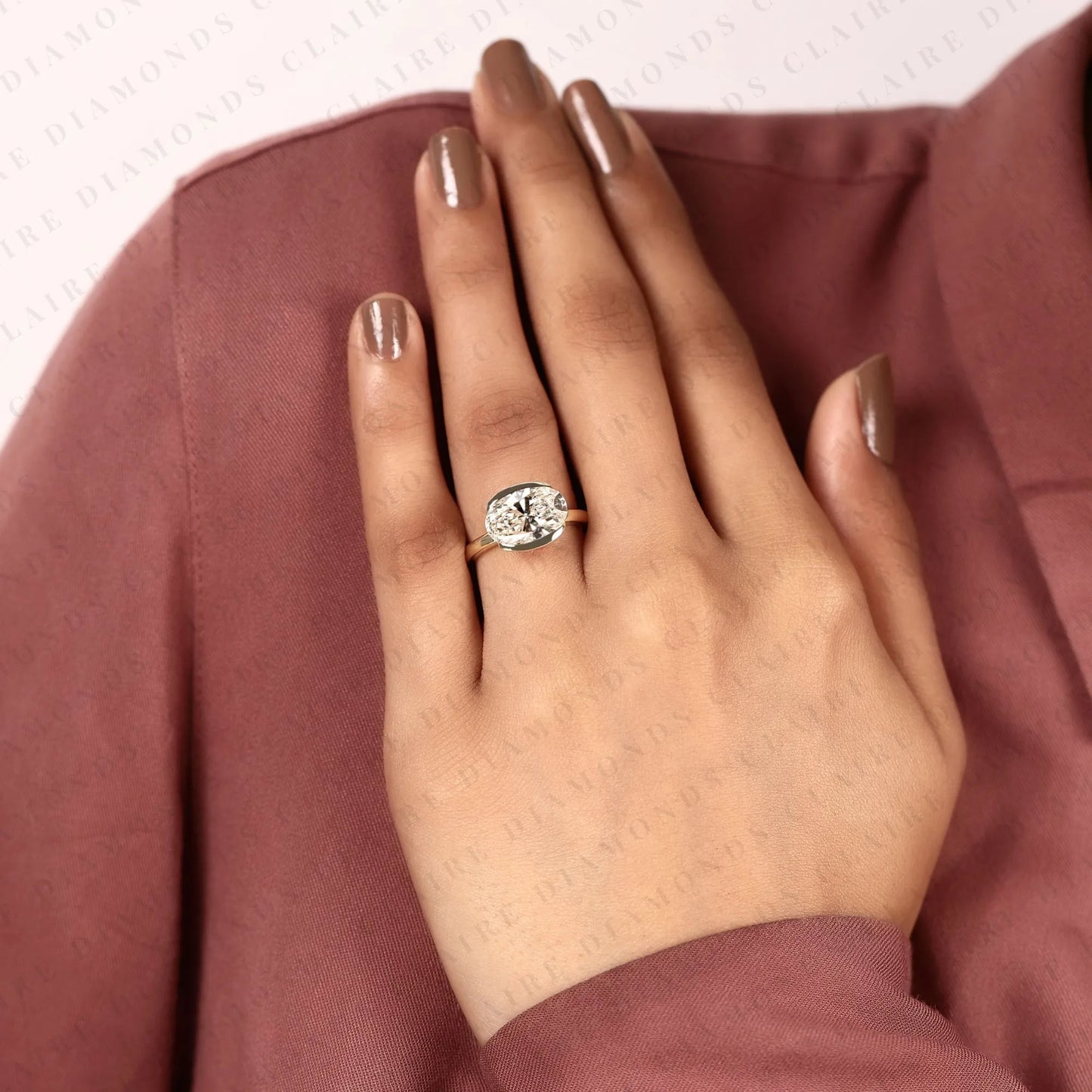 oval cut lab grown diamond hidden halo ring engagement ring, yellow gold, east west ring, half bezel solitaire wedding ring