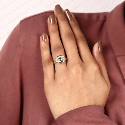Oval Cut Lab Grown Diamond Hidden Halo Ring Engagement Ring, Yellow Gold, East West Ring, Half Bezel Solitaire Wedding Ring