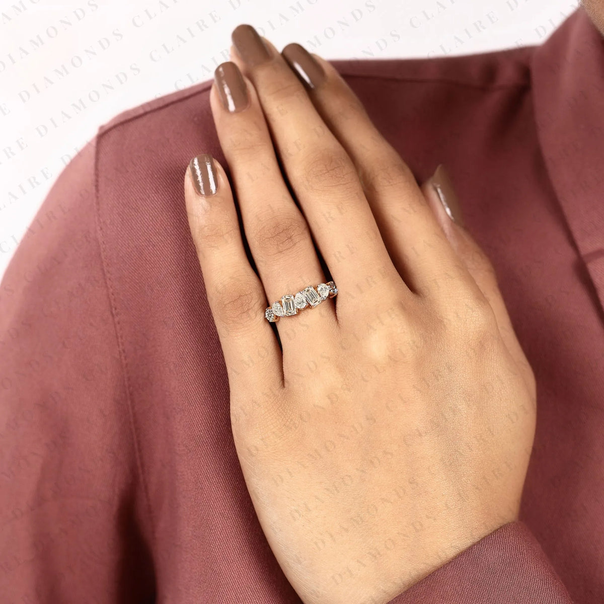 1.45 tcw round, emerald & pear cut lab grown diamond half eternity wedding band | mixed shape diamond statement ring | modern yellow gold bridal jewelry