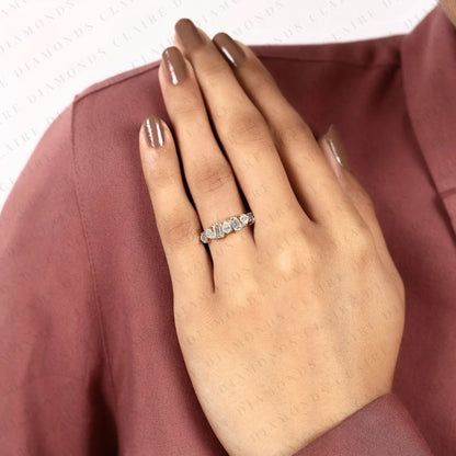 1.45 TCW Round, Emerald & Pear Cut Lab Grown Diamond Half Eternity Wedding Band | Mixed Shape Diamond Statement Ring | Modern Yellow Gold Bridal Jewelry