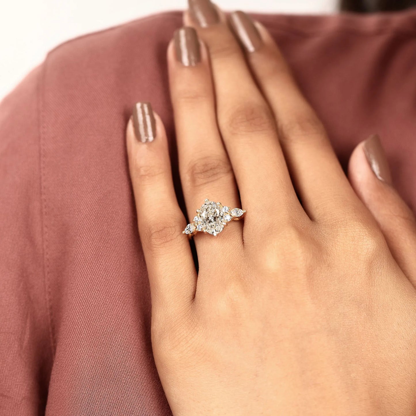 curved chevron wedding band set with elongated oval cut lab grown diamond ring | vintage v-shaped bridal set | unique anniversary ring for women
