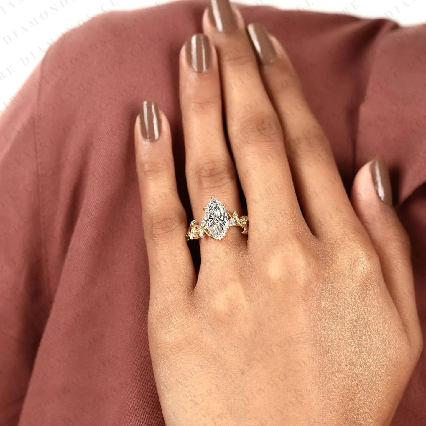 nature inspired marquise cut moissanite diamond engagement ring | vintage leaf vine ring