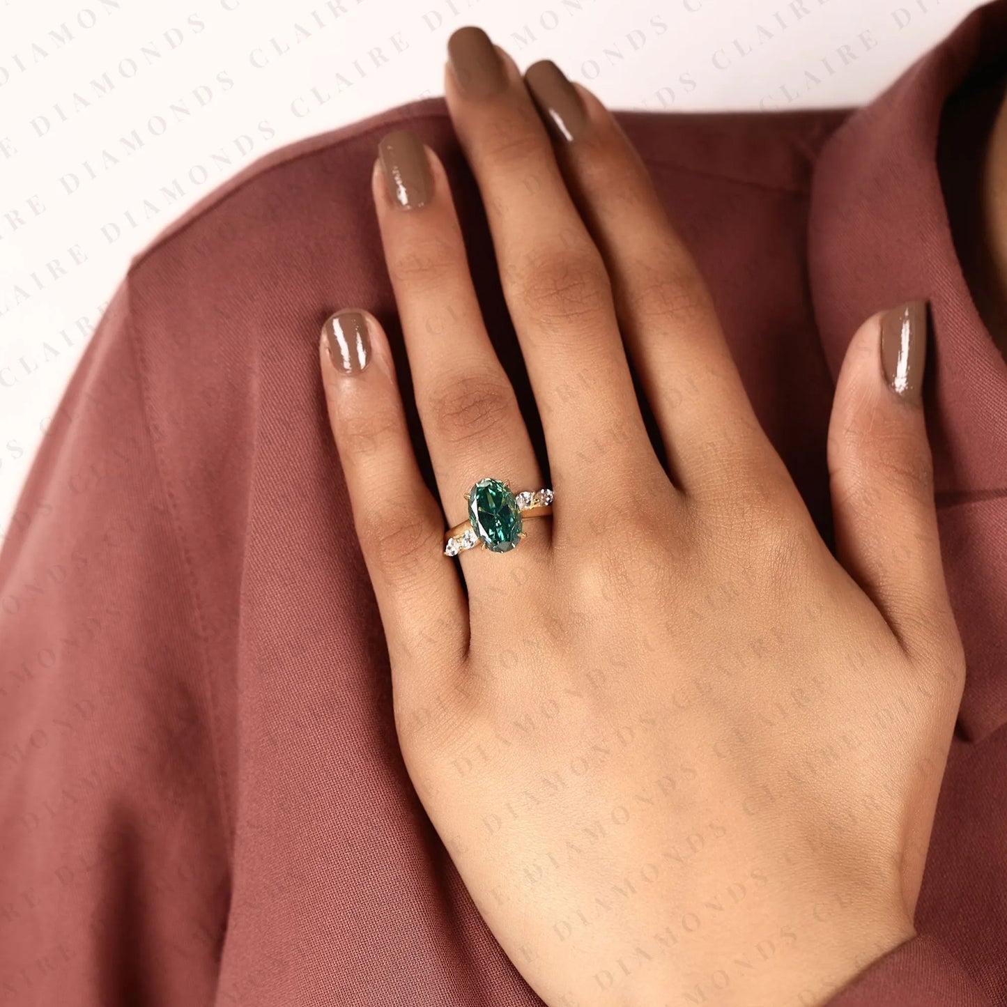 green oval cut lab grown diamond ring with marquise side stones, nature inspired gold engagement ring for women