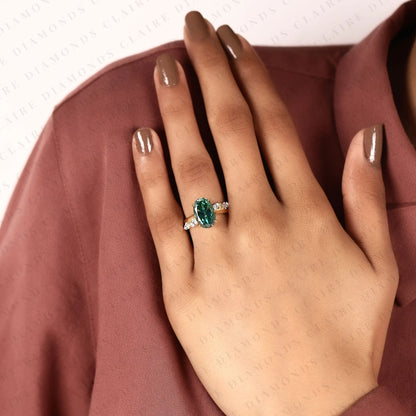 Green Oval Cut Lab Grown Diamond Ring with Marquise Side Stones, Nature Inspired Gold Engagement Ring for Women