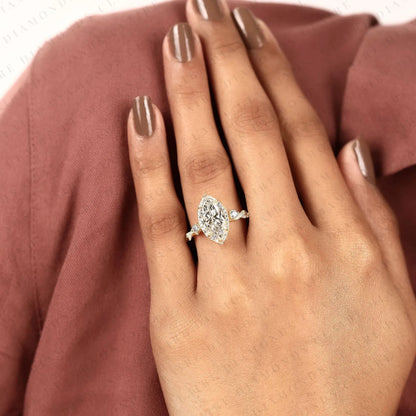 Marquise Cut Moissanite Diamond Halo Engagement Ring Twisted Pavé Diamond Band Ring Vintage Inspired Bridal Ring for Women