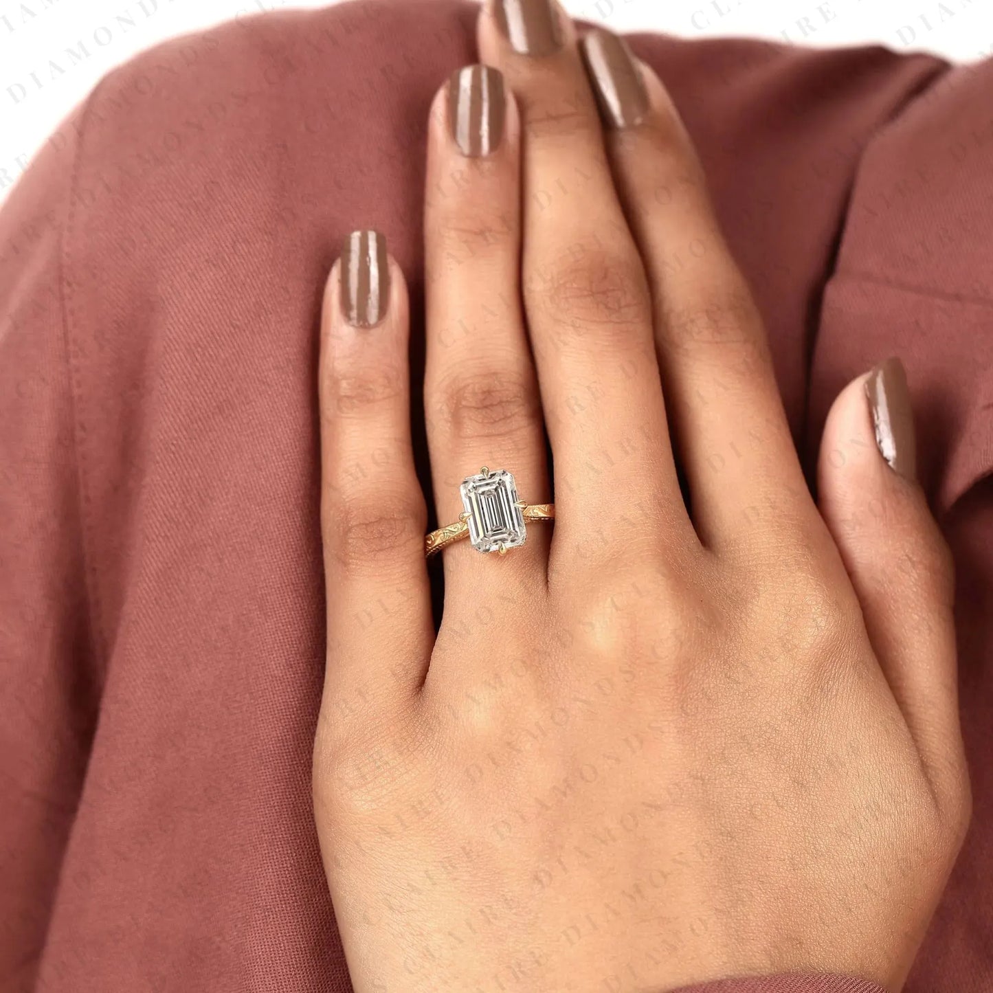 emerald cut lab grown diamond engagement ring, vintage engraved gold solitaire ring, igi certified diamond ring, unique bridal ring