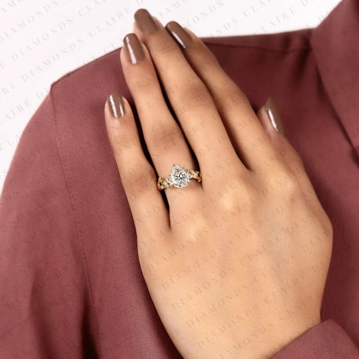 pear cut lab grown diamond engagement ring, nature inspired vine band, yellow gold floral bridal ring, unique wedding ring for women